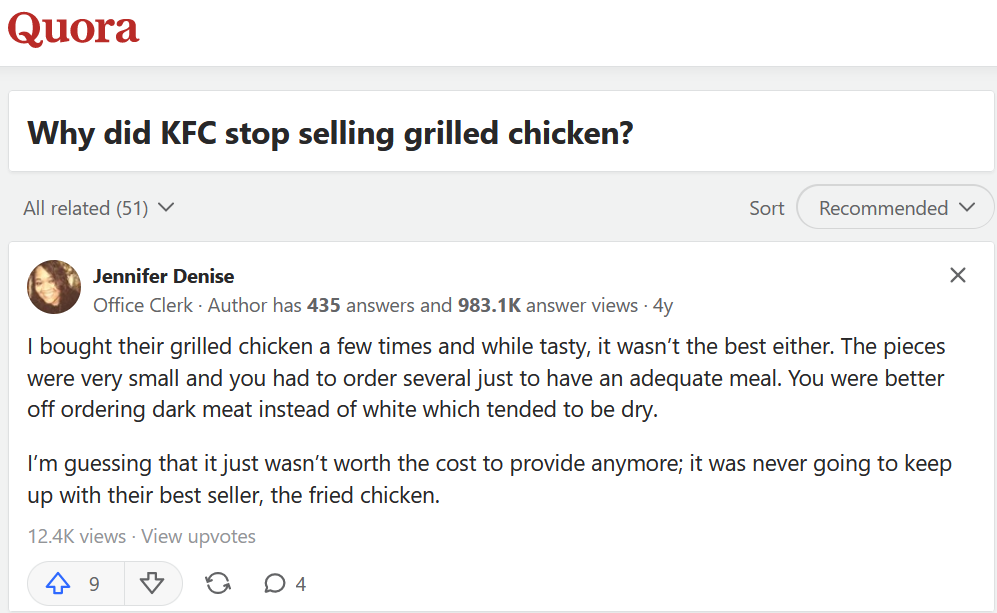 Why did KFC stop selling grilled chicken?